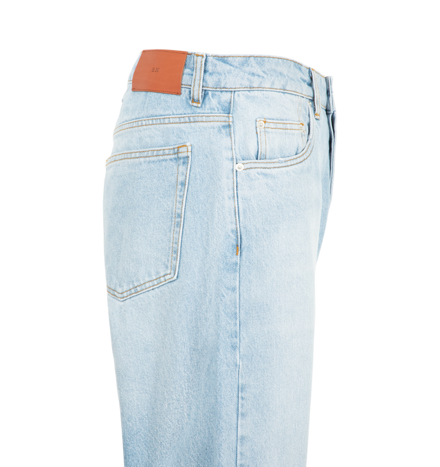 Image 3 of 3 - BLUE - Studio Nicholson Men's Riso Straight Leg Denim Pant is crafted from 14 oz cotton denim and features a classic five-pocket construction with a straight-leg silhouette inspired by archival 1990s denim styles. Referencing the relaxed jeans worn by young Hollywood figures outside Los Angeles' Viper Room, this everyday essential is bleached and washed to create a lived-in, vintage appearance. Main Material: 100% Cotton. Fit: Straight Leg. Pockets: Five-Pocket Construction. Details: 14 oz De 