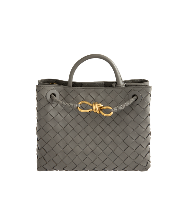 Image 1 of 4 - GREY - Bottega Veneta small Andiamo handbag featuring intrecciato leather with leather top handle, sliding cross-body strap, compartmented interior with one zippered pocket, two open pockets and magnetic closure. 7.9" x 9.8" x 3.9". 100% lambskin. Made in Italy. 