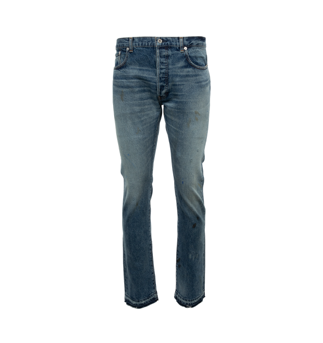 Image 1 of 3 - BLUE - GALLERY DEPT. 5001 Selvage Denim featuring straight-cut with a slightly slimmer leg, standard five-pocket design, distressed by hand as seen through the faded cuffs, darning below the knee, and reinforced rips throughout the leg. 100% cotton. 