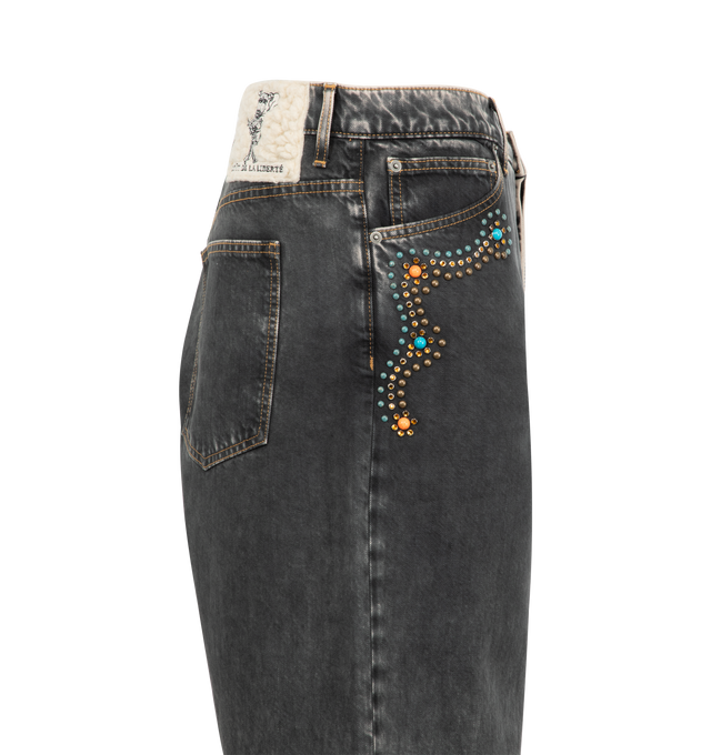 Image 3 of 3 - BLACK - COUT DE LA LIBERTE Zander Embellished Twill Baggy Short featuring relaxed fit, button closure, five-pocket styling and rinestones. Cotton. 