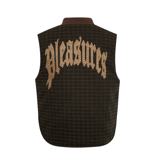 Image 2 of 2 - BROWN - PLEASURES Horns Denim Vest featuring a zip up closure, band collar, sleeveless design, and a plaid pattern. 95% cotton, 5% polyester plaid. Lining: 100% polyester. 
