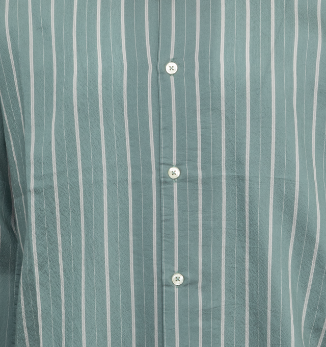 Image 3 of 4 - GREEN - LITE YEAR Camp Collar Shirt featuring button up closure, camp collar, button cuffs, long sleeves and stripes throughout. 86% CLY / 14% PL. 