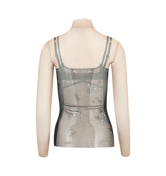 Image 2 of 2 - BLACK - BALENCIAGA Trompe l'il Lingerie Top featuring stretch fabric, tights-like, high neck, trompe l'il top: printed lingerie corset on beige skin. 80% polyamide, 20% elastane. Made in Italy. 