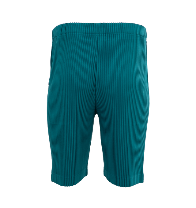 Image 2 of 4 - GREEN - ISSEY MIYAKE Shorts featuring pliss effect, mid-rise, elasticated waistband, slip pockets to the sides and knee-length. 100% polyester. 