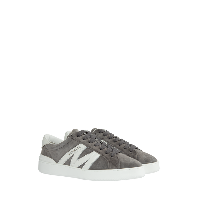 Image 2 of 5 - GREY - MONCLER Monaco M Low Top Sneakers are a lace-up style with removable insole and leather upper Made in Italy.  