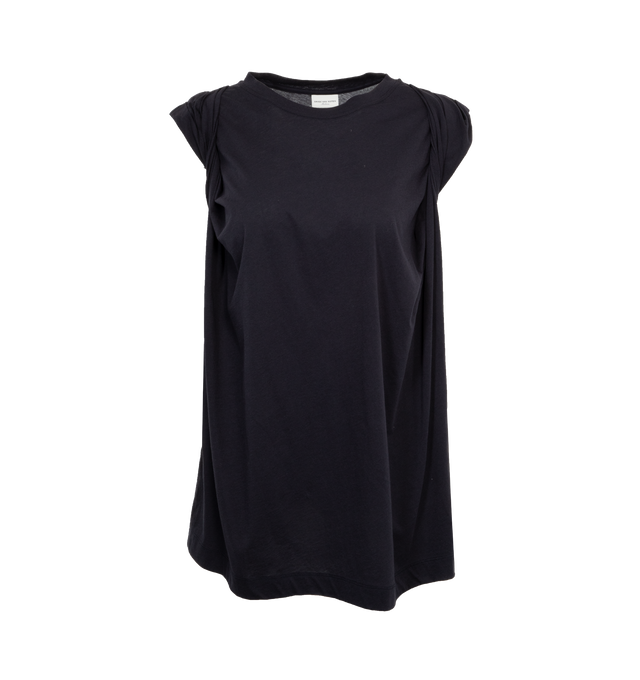 Image 1 of 3 - NAVY - DRIES VAN NOTEN Sleeveless shirt featuring crew neck, draped shoulders and straight hem. 100% cotton. 