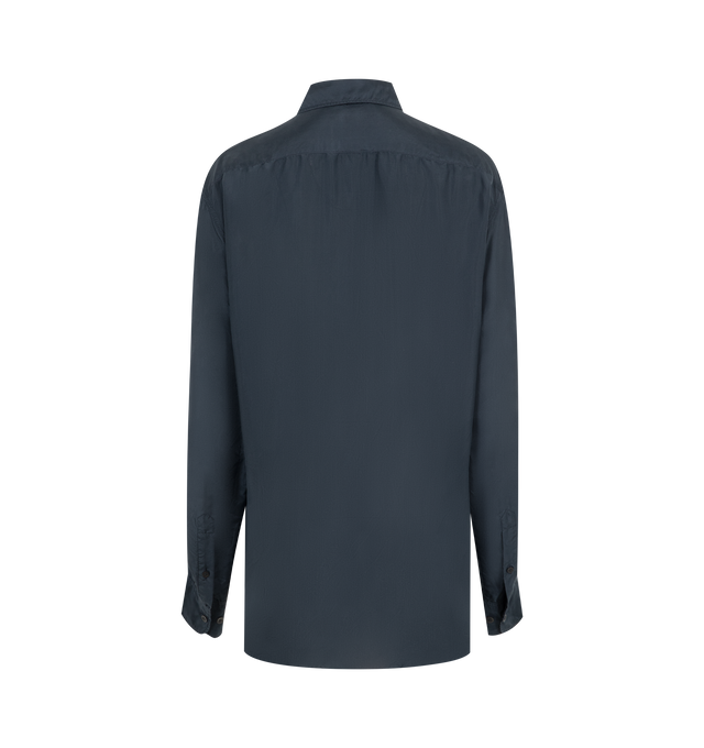 Image 2 of 2 - NAVY - Dries Van Noten Corbino Silk Voile Shirt has a classic collar, a button front closure, button cuffs, and a chest pocket. 100% silk.  