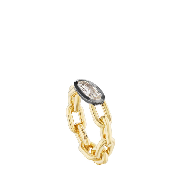 Image 2 of 2 - GOLD - Uniform Object Chain Ring featuring 10 g of 18K yellow gold with black rhodium plating and a 1.09 ct step-cut oval diamond. Size: 7. Handcrafted in New York City. Hirshleifers offers a range of pieces from this collection in-store. For personal consultation and detailed information about jewelry, please contact our dedicated stylist team at personalshopping@hirshleifers.com. 