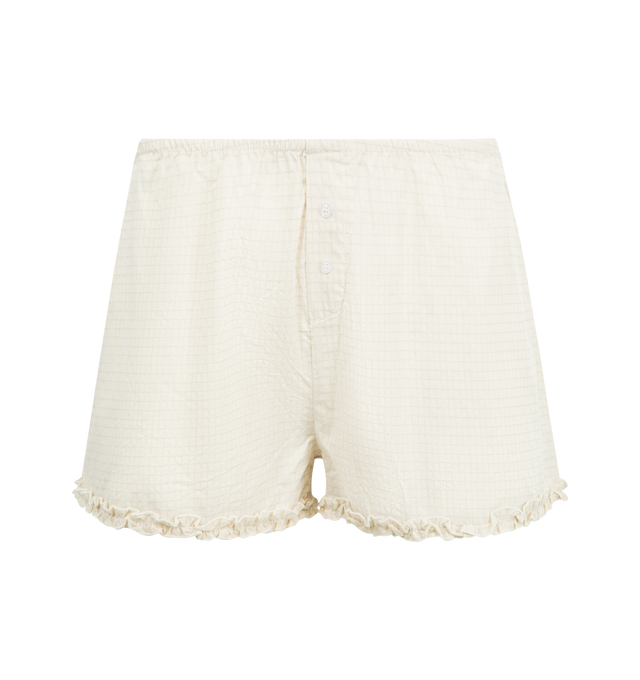 Image 4 of 6 - WHITE - DEIJI STUDIOS Yoke Set featuring relaxed babydoll top, straight neckline with button closure, gathered yoke seam, lettuce frill hem detail and fine, adjustable straps pairs back with an easy pull on short featuring double button detailing, elastic waistband and baby lock lettuce frill hem. 100% organic cotton poplin. 