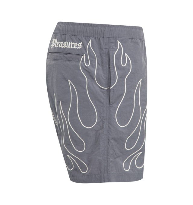 Image 3 of 3 - GREY - PLEASURES Fiery Running Shorts featuring two pockets at sides, single slit pocket at back, embroidered flame prints at front and back, embroidered logo text at back and elastic waist.  