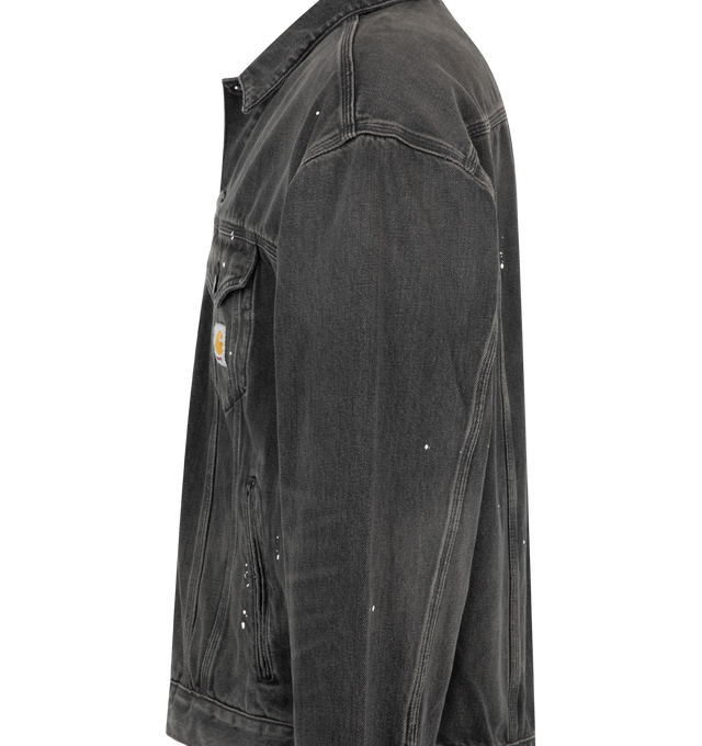 Image 3 of 3 - BLACK - CARHARTT WIP Helston Jacket featuring front button closure, rigid denim, unlined, triple stitched, two chest pockets with button closure, adjustable cuffs and waist, personalized buttons and square label. 100% cotton. 