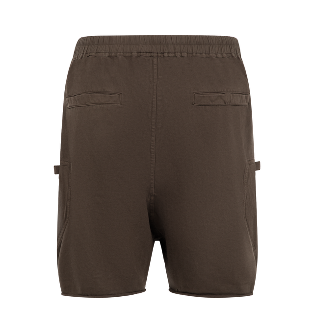 Image 2 of 3 - BROWN - Rick Owens DRKSHDW Men's Bauhaus Shorts are crafted from heavyweight garment-dyed cotton jersey with a soft brushed finish. Cut to a knee-length silhouette with a low dropped crotch, they feature an elasticized drawstring waistband, side pockets, signature Bauhaus zip pockets at the thighs, and back jet pockets. Webbing tab and eyelet details complete the utilitarian design. Main Material: 100% Cotton. 