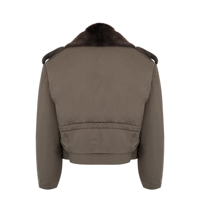 Image 3 of 4 - BROWN - AURALEE Washed Finx Flight Jacket featuring oversized fit, front zip closure, detachable leather collar, snap button pockets on front and snap button waist tab. 100% cotton.  