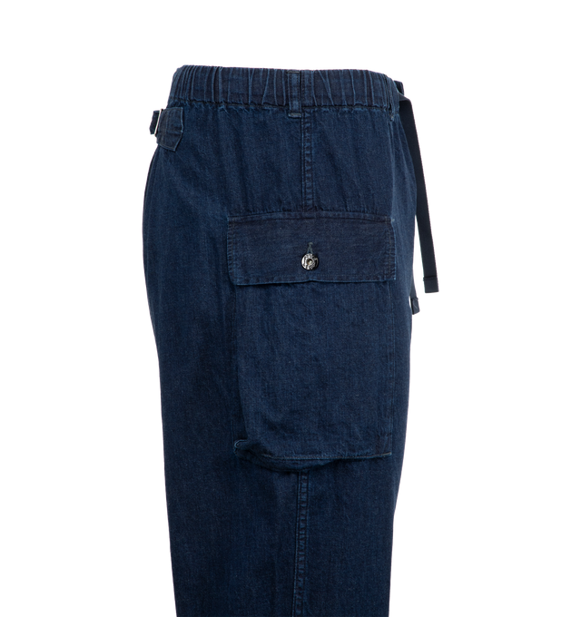 Image 3 of 3 - BLUE - POST O'ALLS E-Z Walkabout Pant featuring loose fit, elastic drawstring waist, side flap pockets and adjustable back. 100% cotton. Made in Japan. 