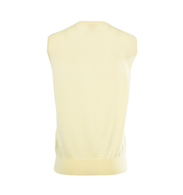Image 2 of 3 - YELLOW - BOTTEGA VENETA Light Fine Cashmere Gilet featuring v-neck, "BV" embroidery on the front and relaxed fit. 82% cotton, 18% polyamide. Made in Italy. 