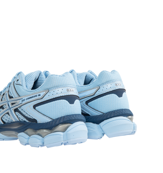 Image 3 of 5 - BLUE - ASICS Gel-Cumulus 16 Sneaker featuring breathable mesh underlays, 2010s design aesthetics, FLUIDRIDE technology, rearfoot and forefoot GEL technology and lace up closure.  
