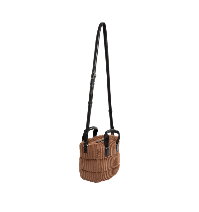 Image 2 of 3 - BROWN - MONCLER Caradoc Micro Tote Bag featuring corduroy shell, nylon drill lining, down-filled, ribbon handles with leather grip, adjustable leather shoulder strap, zip closure and leather and metal logo. L 30 cm x H 20 cm x D 13 cm. 100% polyester. Lining: 95% cotton, 5% acrylic. Padding: 90% down, 10% feather. Made in Italy. 