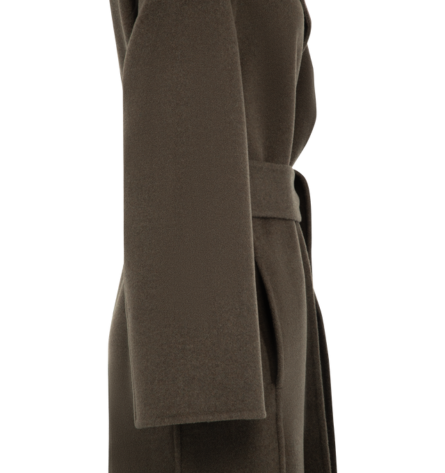 Image 3 of 3 - BROWN - Khaite Women's Wrap Coat is crafted from double-face wool and features an elongated wrap silhouette with a high stand collar, raglan sleeves, and a self-tie sash belt for a refined, architectural look. This designer wool coat combines exceptional craftsmanship with seasonless versatility, while the double-faced construction creates a clean, sculptural finish ideal for elevated everyday layering. Main Material: 100% Double-Face Wool. 