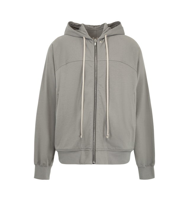 Image 1 of 2 - GREY - Rick Owens Mens Windbreaker is crafted from heavyweight organic cotton jersey. Features a hip-length silhouette, hood with drawstring, front zip closure, raglan sleeves, front and back yoke, two side pockets with rounded topstitching, and ribbed cuffs and hem. Main Material: 100% Organic Cotton. Made in Italy. 
