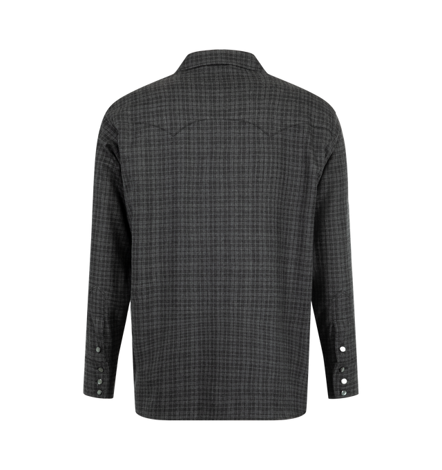 Image 2 of 2 - GREY - Kaptain Sunshine Men's Wool Plaid Cowboy Shirt is crafted from lightweight wool viyella check fabric woven from extra-fine Super 120's merino wool and pre-dyed melange yarns. Designed in a relaxed fit, this shirt features a classic cowboy yoke, cowboy double-flap chest pockets, a clean plain front, shirt gussets, and plain button closures. Milled and specially treated for washability, the refined flannel fabric delivers a soft hand, lightweight warmth, and a crisp finish while retainin 