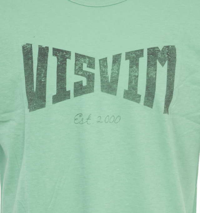 Image 2 of 2 - GREEN - VISVIM Heritage short-sleeve tee-shirt crafted from cotton blend lightweight jersey with a faded effect and logo print at the chest. Features round neck and drop shoulder.Cotton 83%, Nylon 17%. 