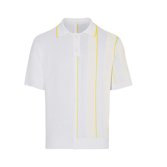 Image 1 of 1 - WHITE - JACQUEMUS Contrast Knit Polo featuring classic fit, cotton piqu right side, striped knit left side, elbow-length sleeves, polo collar with mother-of-pearl buttons and D-ring on back. 70% viscose, 30% polyamide. Made in Italy. 