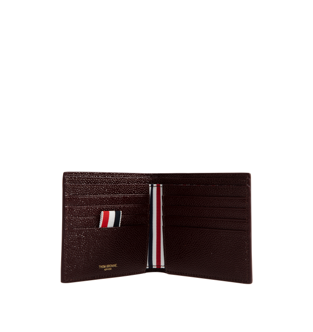 Image 3 of 3 - BROWN - Thom Browne wallet crafted in fine pebble grain leather featuring 8 Card slots, 1 Note compartment, tricolor stripe lining, gold foil logo and signature striped grosgrain loop tab. 100% Calf Full Grain Leather. Lining: 68% Polyester Recycled, 27% Polyester, 5% Acrylic. Made in ITALY. 