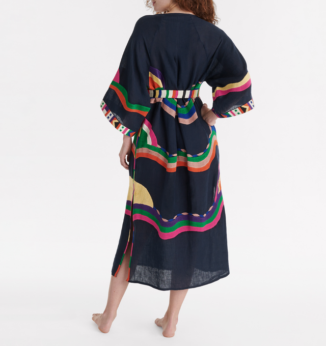 Image 4 of 5 - NAVY - ERES Horizon Long Dress featuring embroidered linen, round neckline with link to tie, short sleeves, multi-colored printed belt, embroidered placed patterns and length above ankles. 100% linen. Made in India. 