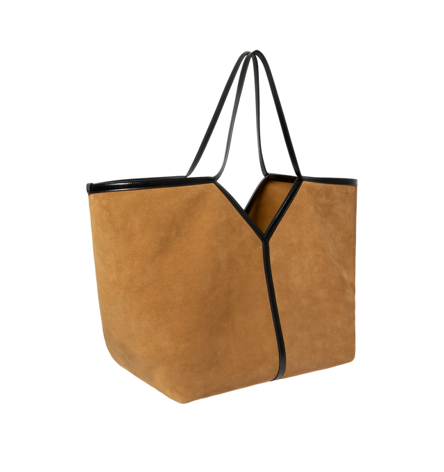 Image 2 of 3 - BROWN - Saint Laurent Womens Slim Tote Bag is crafted from velour grained leather. Features a spacious silhouette, suede lining, subtle Y-stitched signature, hook closure, interior zip pocket, and top handles. Main Material: Suede Leather; Lining: Suede. Made in Italy. 