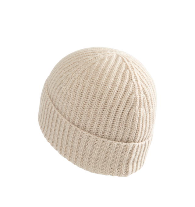 Image 2 of 2 - NEUTRAL - Loewe Men's Beanie is crafted from light beige ribbed cashmere knit and features a short silhouette with a turn-up cuff. A Loewe leather patch at the front completes the design. Main Material: 100% Cashmere. Made in Italy. 