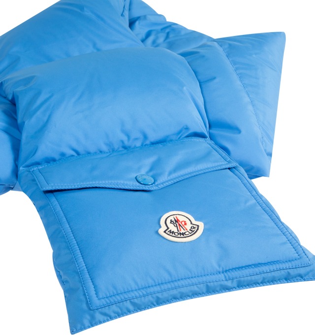 Image 2 of 2 - BLUE - MONCLER Down Packable Scarf featuring polyester, packable, down-filled, patch pocket with snap button closure and logo patch. 100% polyester. Padding: 90% down, 10% feather. Made in Moldova. 