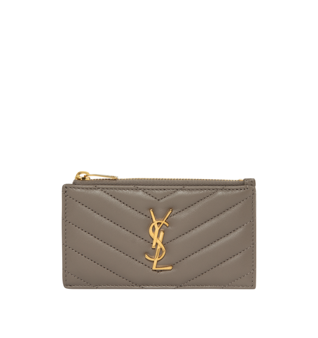 GREY - SAINT LAURENT Zipped Fragments Credit Card Case featuring overstitching on the front and card slots on the back, zip closure, five card slots and one zip pocket. 5.1" X 3.1" X 0.7". 100% lambskin. Made in Italy. 