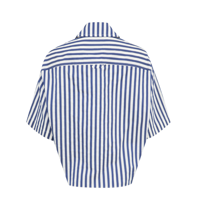 Image 2 of 2 - BLUE - Tie Me Up, Tie Me Button Down short sleeve shirt, perfectly cropped to wear with high waisted styles.  Fabricated in a classic Awning Stripe shirting fabric, a long sash that ties to nip in the waist, front button placket and classic collar. 