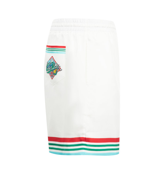 Image 3 of 3 - WHITE - CASABLANCA Striped Silk Drawstring Track Shorts featuring drawstring elasticized waistband, side slip pockets, back patch pocket and stripe hem. 100% silk. Lining: 100% polyester. Made in Italy. 