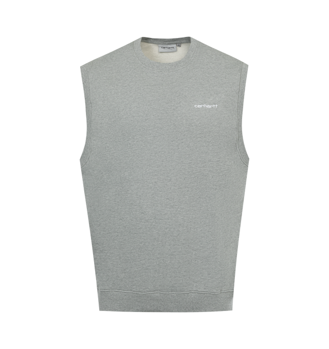 Image 1 of 2 - GREY - CARHARTT WIP Script Vest Sweatshirt featuring heavyweight cotton jersey with a tactile loopback construction, regular fit and embroidered Script Logo appears on the chest. 100% cotton. 