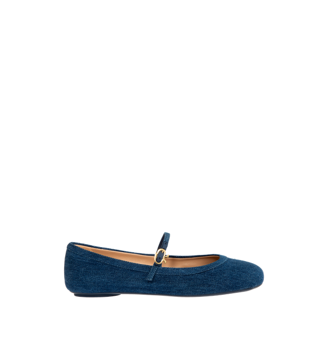 Image 1 of 4 - BLUE - GIANVITO ROSSI Carla Flats crafted from denim in a flat ballerina style with a round toe and a rubber sole. The iconic Ribbon buckle, signature of the brand, enriches the front Mary Jane strap. Handmade in Italy. Heel height: 0.2 inches. 