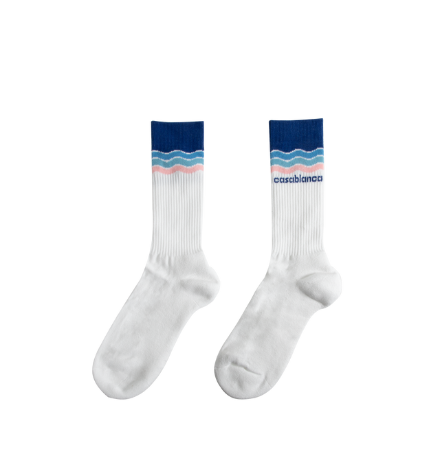 Image 2 of 2 - WHITE - Casablanca Blue Wave Socks have a wave pattern on the cuffs and rib legs. 80% cotton, 17% polyamide, 3% spandex. Made in Italy.  