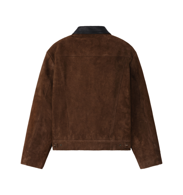 Image 2 of 5 - BROWN - Cherry LA Suede Trucker Jacket is crafted from premium calf suede and features a classic trucker silhouette with a contrasting black leather collar, chest patch pockets, and side-seam welt pockets. Designed with a timeless fit, this elevated outerwear style is finished with branded snap closures and refined leather detailing throughout. Main Material: Calf Suede. Collar: Black Leather. 