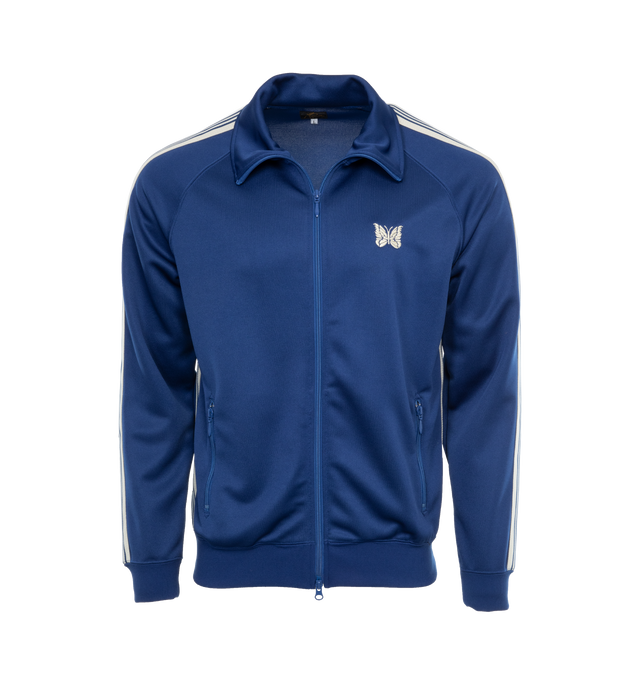 Image 1 of 3 - BLUE - NEEDLES Track Jacket featuring two-way zip fastening, embroidered with the label's butterfly emblem at the chest, this jacket is cut from tech-jersey and trimmed with striped webbing down the sleeves. 100% polyester.