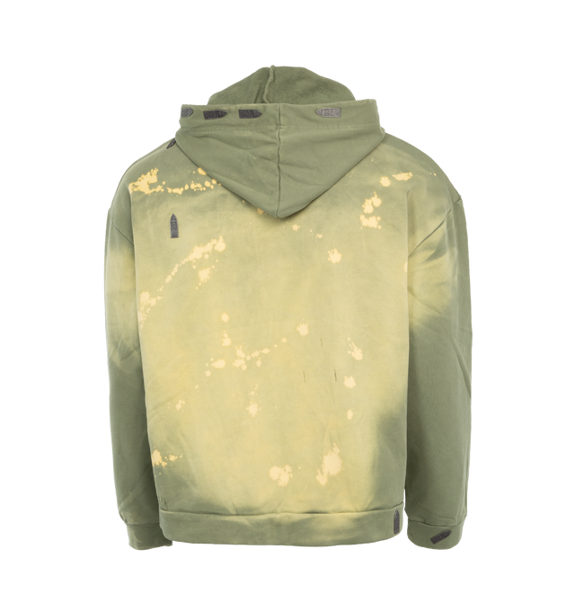 Image 2 of 3 - GREEN - WHO DECIDES WAR Hardware Hoodie featuring overdyed French terry, fading, distressing, bleached effect, and graphic hardware throughout, drawstring at hood, kangaroo pocket, dropped shoulders and logo-engraved gunmetal-tone hardware. 100% cotton. Made in China. 