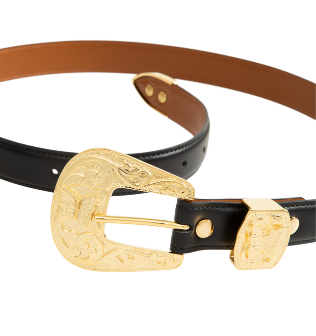 Image 2 of 2 - BLACK - Needles Men's Papillon Western Tip Belt is crafted from buffed leather and features a classic western-inspired silhouette with a pointed tip, a pin-buckle fastening, and the brand's signature Papillon motif. Finished with logo-engraved silver-tone hardware, this belt combines traditional detailing with Needles' distinctive design language. Main Material: Buffed Leather. Closure: Pin Buckle. Hardware: Logo-Engraved Silver-Tone Metal. Made in Japan. 