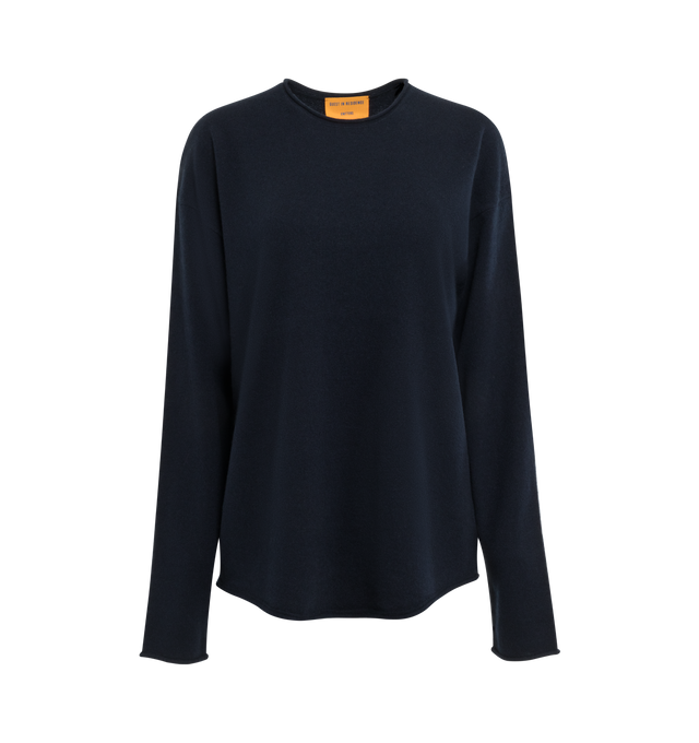 NAVY - GUEST IN RESIDENCE Oversized Crew featuring crew neck, dropped shoulder, shirttail curved hem Jersey roll hem, neck, and cuff. 100% cashmere.