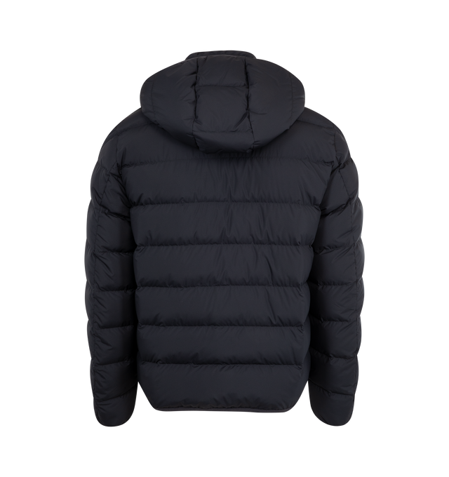 Image 2 of 4 - NAVY - MONCLER Montbrocq Jacket featuring polyester lining, down-filled, detachable and adjustable hood, zipper closure, pockets with button closure, zipped inner pockets, elastic cuffs and logo trim. 100% polyester. Padding: 90% down, 10% feather. Made in Armenia. 