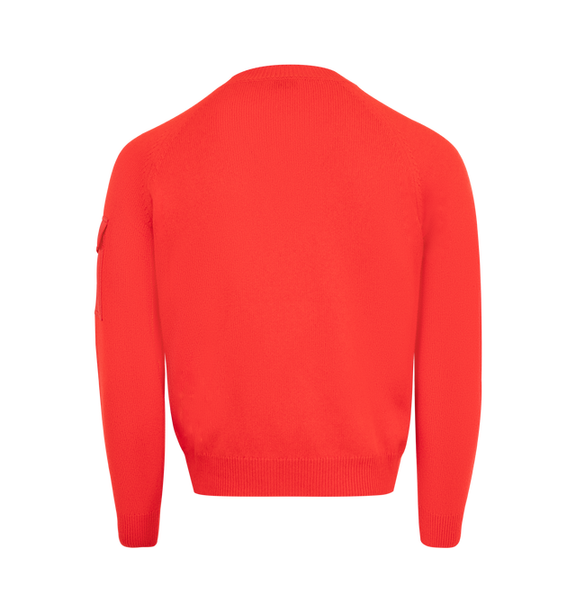 Image 2 of 3 - RED - MONCLER Moulin Wool & Cashmere Sweater featuring wool and cashmere blend moulin, stockinette knit, gauge 7, crew neck, longue saison sleeve pocket with snap button closure and logo patch. 90% virgin wool, 10% cashmere. Made in Moldova. 