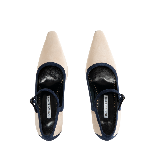 Image 4 of 4 - NEUTRAL - Manolo Blahnik Women's Churla 90 Pumps are crafted from kid suede and feature an almond toe, contrasting navy heel counter, edging, and ankle strap with a buckle closure, finished with a sculptural 90mm angular heel. These designer suede pumps combine exceptional Italian craftsmanship with timeless Mary Jane styling, making them an elegant choice for both day and evening wear. Main Material: 100% Kid Suede. Lining: 100% Kid Leather. Sole: 100% Calf Leather. Heel Height: 90mm. Made i 