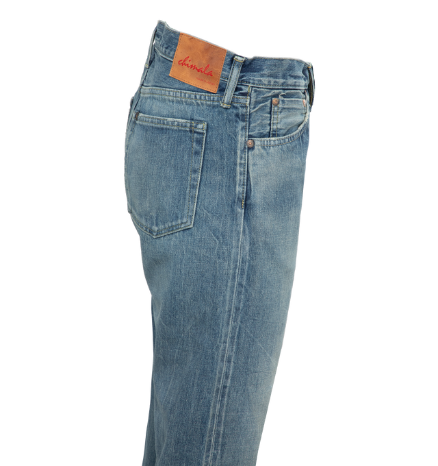 Image 3 of 4 - BLUE - CHIMALA Selvedge Denim Used Ankle Cut featuring ankle cut, front button closure, belt loops, front pockets and back patch pockets. 100% cotton. 