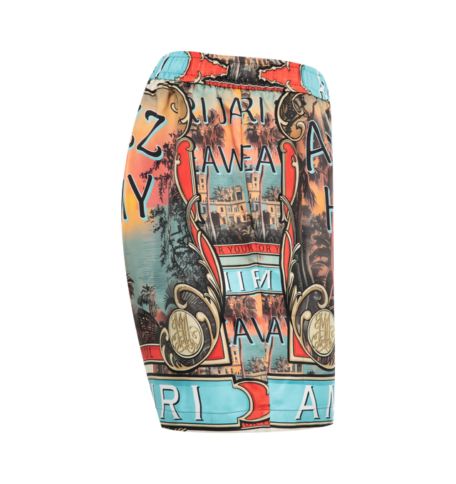 Image 3 of 3 - MULTI - Amiri Jazz Hideaway Shorts have an elastic drawstring waist, side pockets, an all-over graphic print, and logo print embellishments. Made in Italy. 