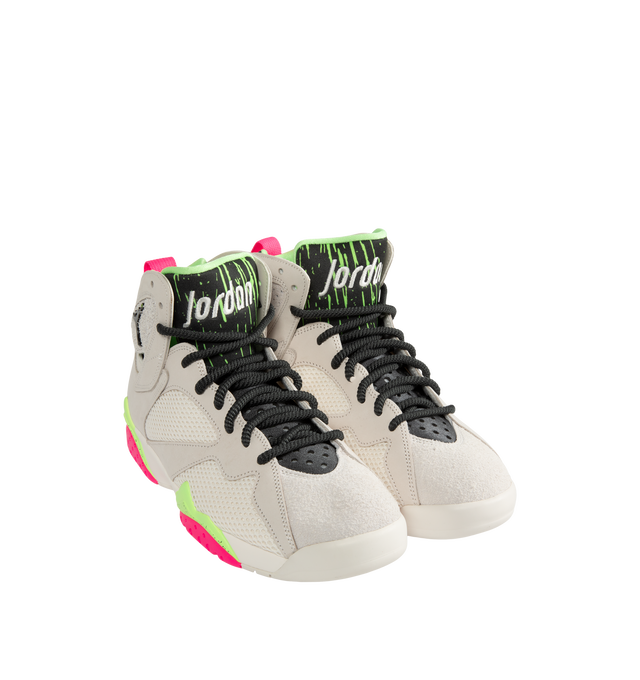 Image 2 of 5 - MULTI - Air Jordan 7 Retro "Tennis Day" Sneakers feature a Phantom upper with Lime Blast, Pink Blast, and Anthracite accents inspired by Nike's Challenge Court era. Leather, synthetic leather, suede, and breathable textiles combine throughout the mid-cut design, while a heel pull tab, foam midsole with full-length Nike Air cushioning, and grippy rubber outsole complete the construction. Upper: Leather, Synthetic Leather, Suede, and Textile. Midsole: Foam. Sole: Rubber. Made in mens sizing. 