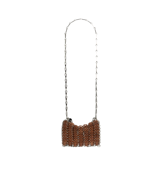 Image 2 of 3 - BROWN - RABANNE Wooden Chainmail Bag featuring magnetic closure, shoulder silhouette, adjustable chain strapping and silver-tone metal and wooden chainmail body. 70% wood, 30% steel. 
