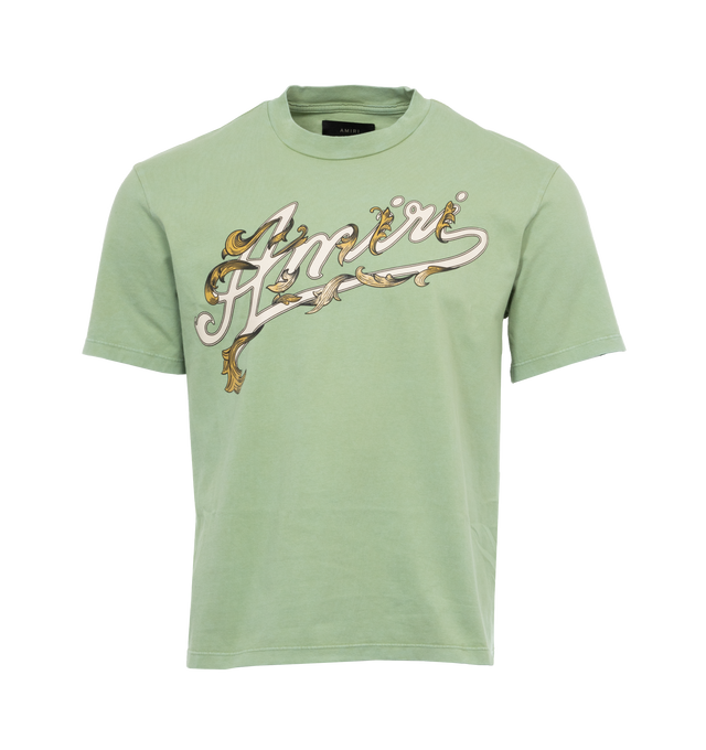 Image 1 of 2 - GREEN - AMIRI Filigree T-shirt featuring short sleeves, crew neck, straight hem and logo on front. 100% cotton. Made in Italy. 